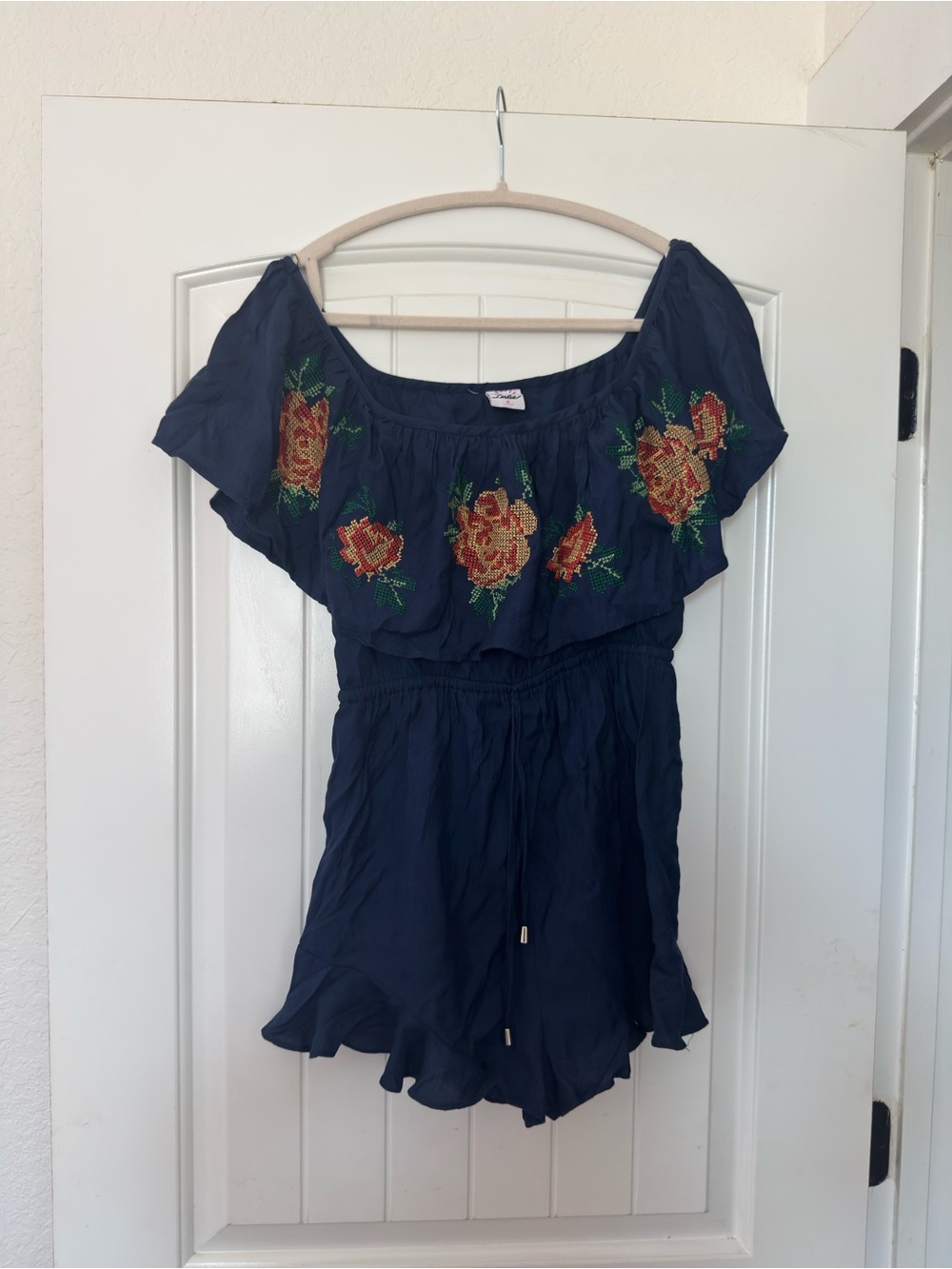 Selfie Leslie Navy Off-Shoulder Embroidered Romper with Floral Detail